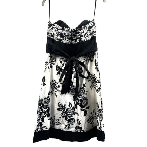 WHBM White House Black Market Dress 10 Floral Black White Strapless Cotton Zip - Picture 2 of 10